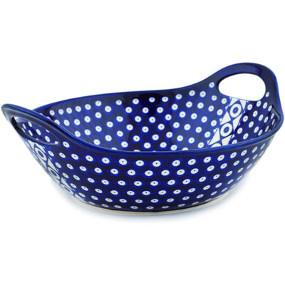 Polish Pottery Bowl with Handles 12-inch Retro Peacock