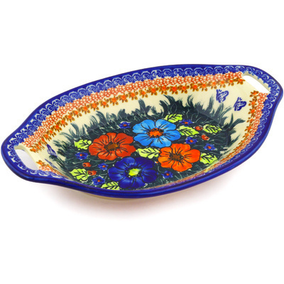 Polish Pottery Bowl with Handles 13&quot; Butterfly Splendor