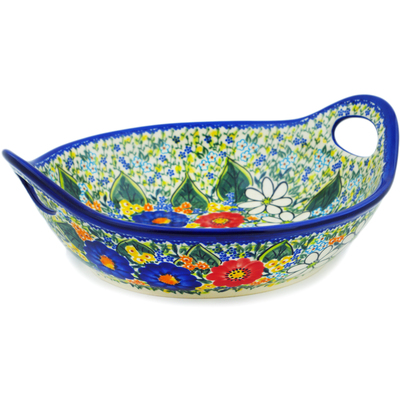 Polish Pottery Bowl with Handles 13&quot; Magical Spring UNIKAT