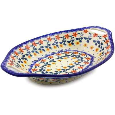 Polish Pottery Bowl with Handles 13&quot; Red Sunflower