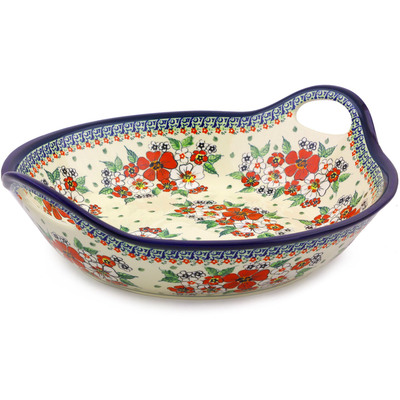Polish Pottery Bowl with Handles 15-inch Flower Heaven UNIKAT