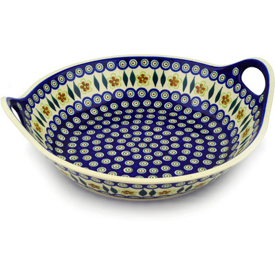 Polish Pottery Bowl with Handles 15-inch Peacock Garden