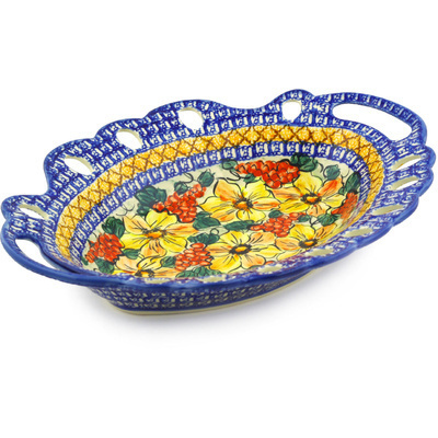 Polish Pottery Bowl with Holes 16&quot; Colorful Bouquet UNIKAT