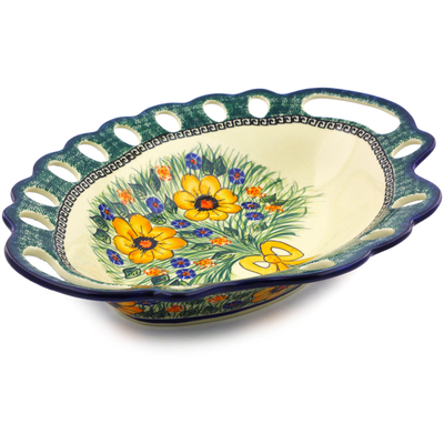 Polish Pottery Bowl with Holes 16&quot; Yellow Flower UNIKAT