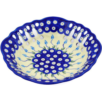 Polish Pottery Bowl with Holes 9&quot; Peacock Tulip Garden