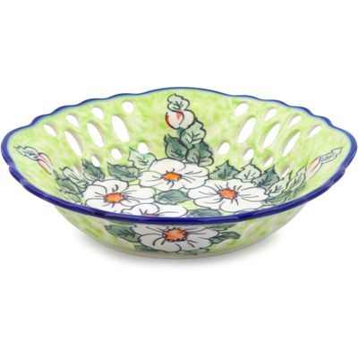 Polish Pottery Bowl with Holes 9&quot; White Flower Bouquet