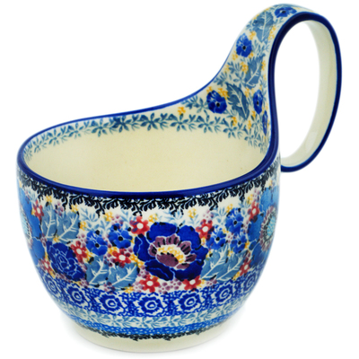 Polish Pottery Bowl with Loop Handle 16 oz Beautiful Blues UNIKAT