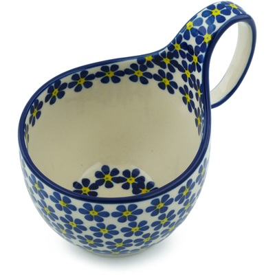 Polish Pottery Bowl with Loop Handle 16 oz Blue Daisies