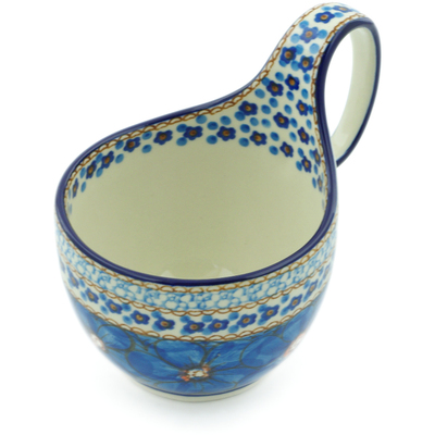 Polish Pottery Bowl with Loop Handle 16 oz Blue Poppies UNIKAT