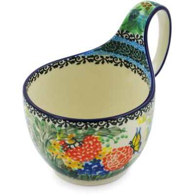 Polish Pottery Bowl with Loop Handle 16 oz Butterfly Garden UNIKAT