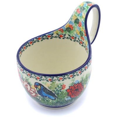 Polish Pottery Bowl with Loop Handle 16 oz Garden Parrot UNIKAT