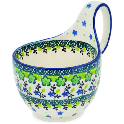 Polish Pottery Bowl with Loop Handle 16 oz Green Chrysanthemums UNIKAT