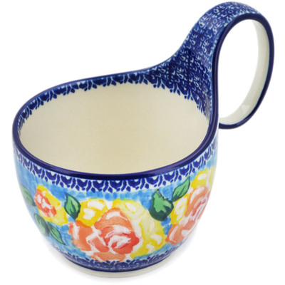 Polish Pottery Bowl with Loop Handle 16 oz Matisse Flowers Golden UNIKAT