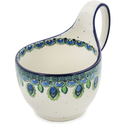 Polish Pottery Bowl with Loop Handle 16 oz Peacock Feather