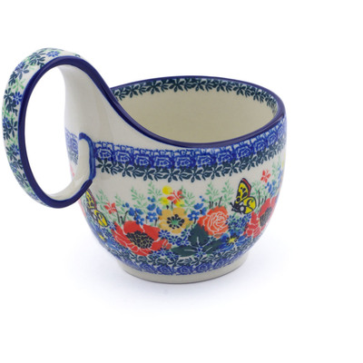 Polish Pottery Bowl with Loop Handle 16 oz Spring Butterfly UNIKAT