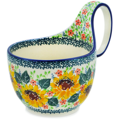 Polish Pottery Bowl with Loop Handle 16 oz Summer Sunflowers UNIKAT
