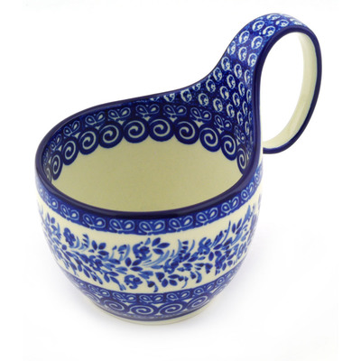 Polish Pottery Bowl with Loop Handle 16 oz Wreath Of Blue UNIKAT