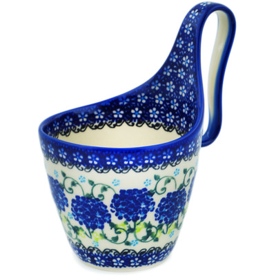 Polish Pottery Bowl with Loop-Handle 7&quot; Cobalt Hydrangea UNIKAT