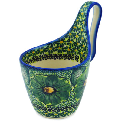 Polish Pottery Bowl with Loop-Handle 7&quot; Green Fantasy UNIKAT