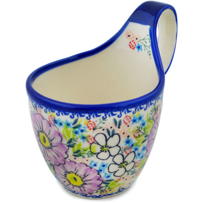 Polish Pottery Bowl with Loop-Handle 7&quot; Picking Flowers UNIKAT