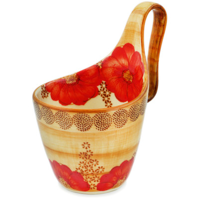 Polish Pottery Bowl with Loop-Handle 7&quot; Red Sunset UNIKAT