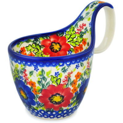 Polish Pottery Bowl with Loop-Handle 7&quot; Retro Garden UNIKAT