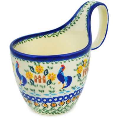 Polish Pottery Bowl with Loop-Handle 7&quot; Rooster Madness UNIKAT