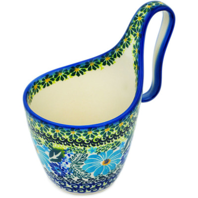 Polish Pottery Bowl with Loop-Handle 7&quot; Soft Blue Petals UNIKAT