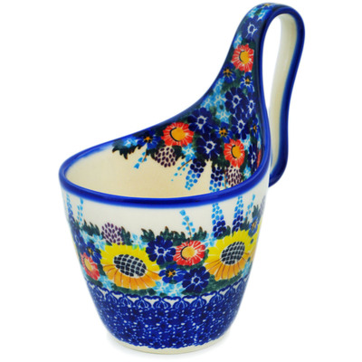 Polish Pottery Bowl with Loop Handle Sunflower UNIKAT