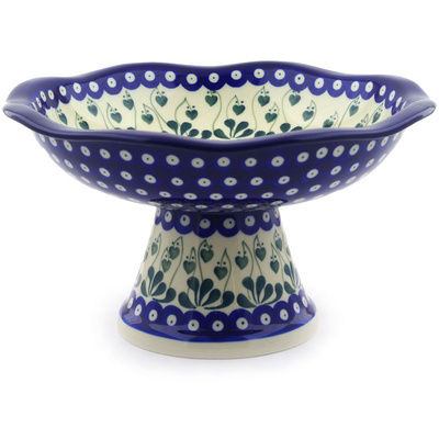 Polish Pottery Bowl with Pedestal 11&quot; Bleeding Heart Peacock
