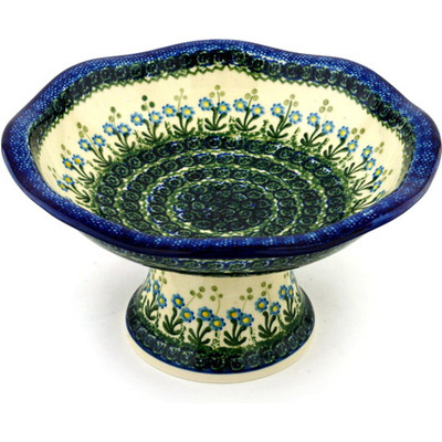 Polish Pottery Bowl with Pedestal 11&quot; Blue Daisy Circle