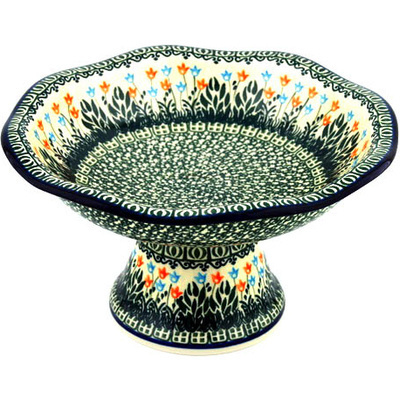 Polish Pottery Bowl with Pedestal 11&quot; Dancing Tulips