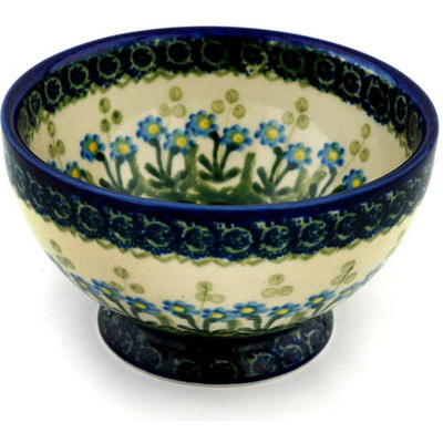 Polish Pottery Bowl with Pedestal 5&quot; Blue Daisy Circle