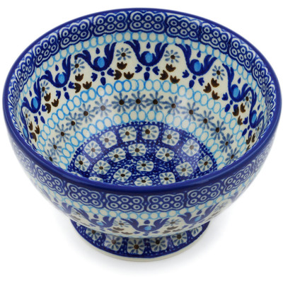Polish Pottery Bowl with Pedestal 5&quot; Blue Ice