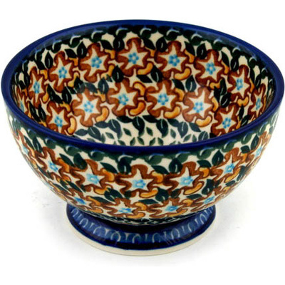 Polish Pottery Bowl with Pedestal 5&quot; Brown Starflowers