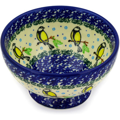 Polish Pottery Bowl with Pedestal 5&quot; Happy Goldfinch
