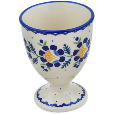 Polish Pottery Bowl with Pedestal 5&quot; Orange And Blue Flower