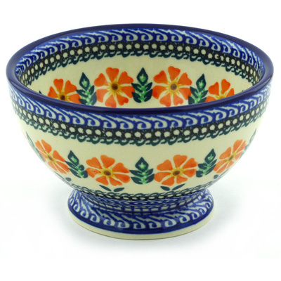 Polish Pottery Bowl with Pedestal 5&quot; Poppy Inferno