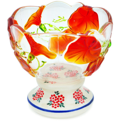 Glass Bowl with Pedestal 5&quot; Red Petals UNIKAT