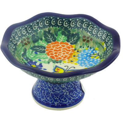 Polish Pottery Bowl with Pedestal 5&quot; Spring Garden UNIKAT