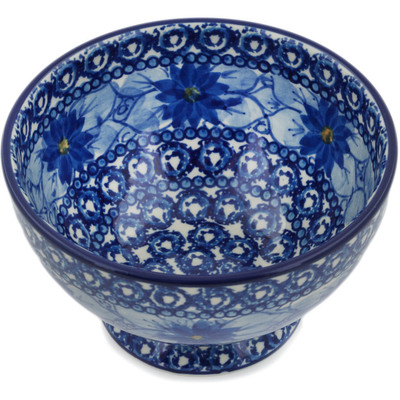 Polish Pottery Bowl with Pedestal 5&quot; Winter Water Daisies UNIKAT