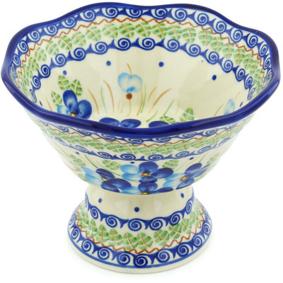 Polish Pottery Bowl with Pedestal 7&quot; Blue Pansy