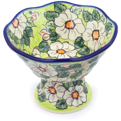 Polish Pottery Bowl with Pedestal 7&quot; White Flower Bouquet