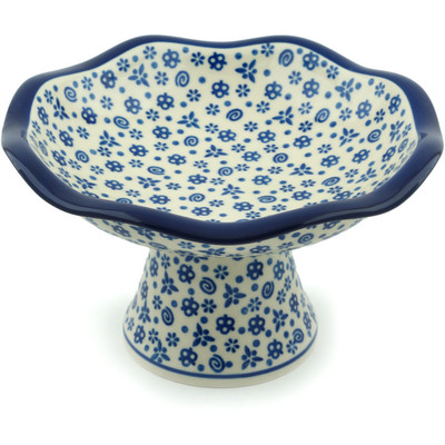 Polish Pottery Bowl with Pedestal 8&quot; Blue Confetti
