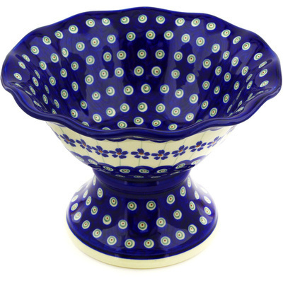 Polish Pottery Bowl with Pedestal 8&quot; Flowering Peacock