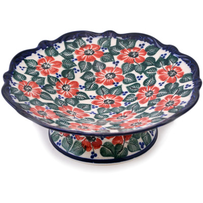 Polish Pottery Bowl with Pedestal 8&quot; Poppies Meadow UNIKAT
