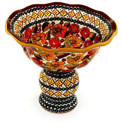 Polish Pottery Bowl with Pedestal 9&quot; Autumn Glow UNIKAT