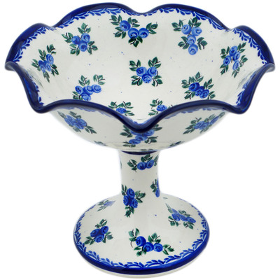 Polish Pottery Bowl with Pedestal 9&quot; Blue Berry Special UNIKAT