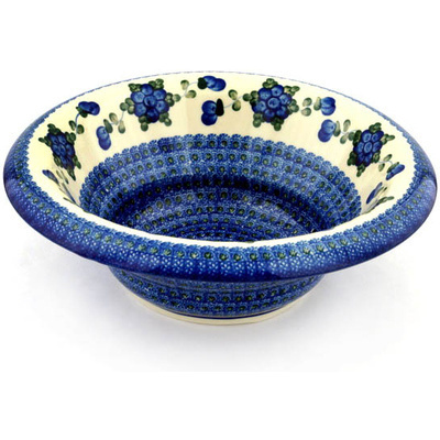 Polish Pottery Bowl with Rolled Lip 12&quot; Blue Poppies