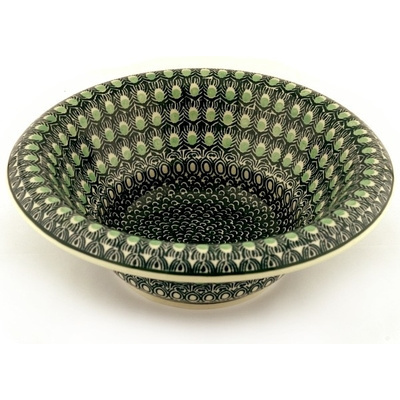 Polish Pottery Bowl with Rolled Lip 12&quot; Green Peacock